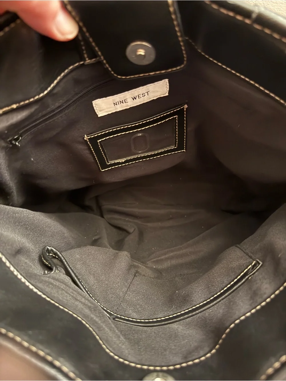 Vintage Nine West Black Leather Tote with Branded Metal Plate
